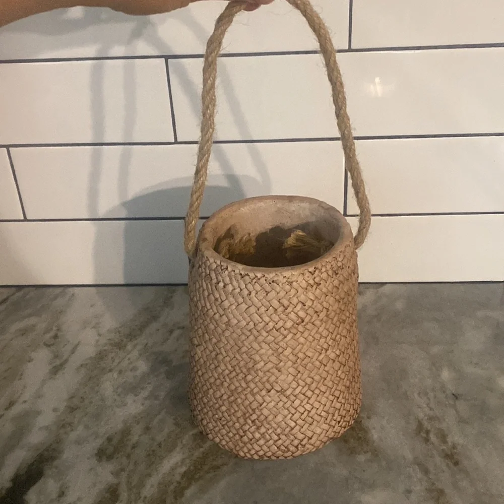concrete woven basket planter with vegan rope handle. Heavy. Artsy boho cottage